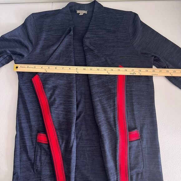 T By Talbots Medium P Open Front Knit Cardigan Navy Blue Red Drape Career Casual - Picture 4 of 5